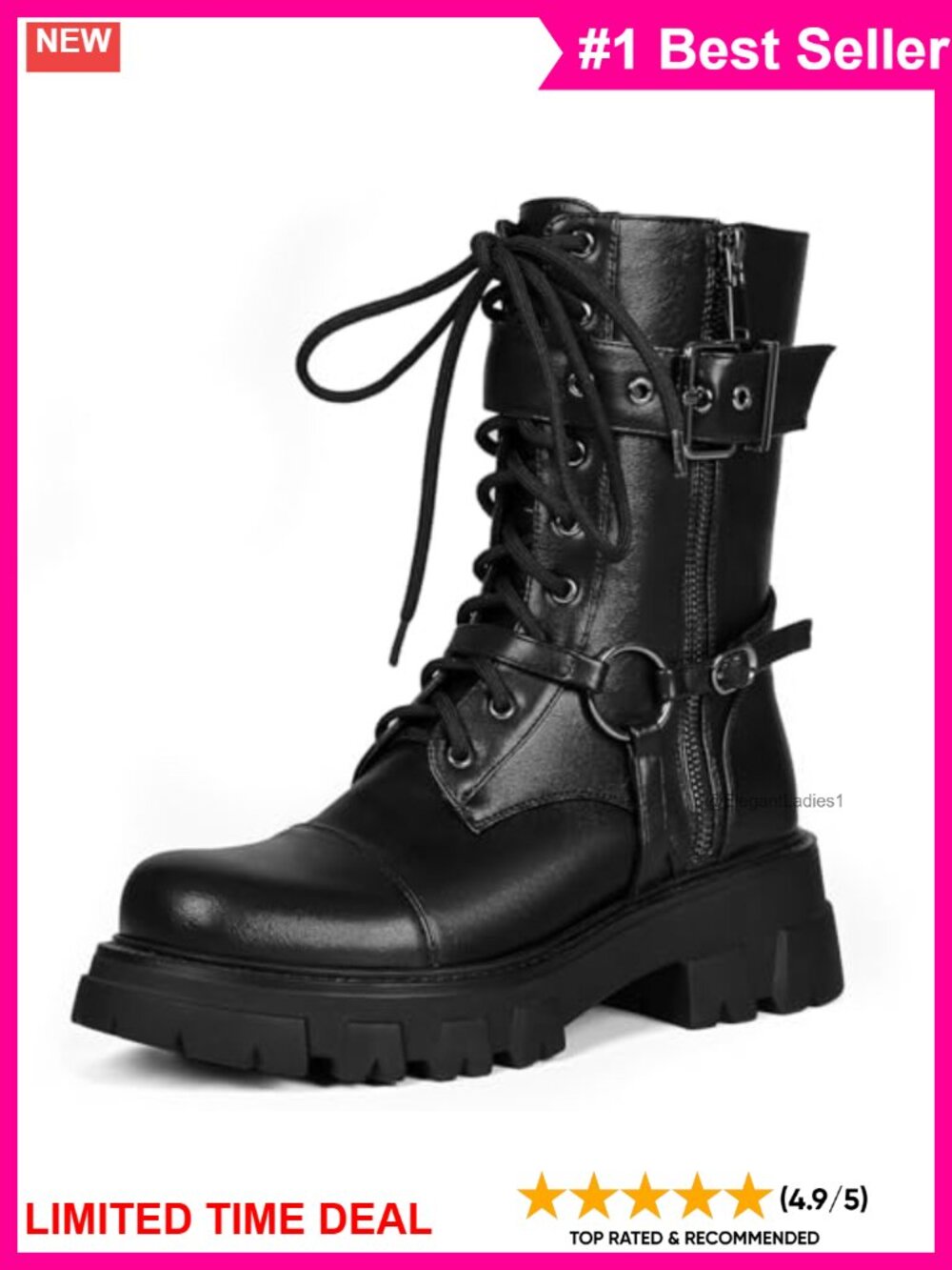 Mid-Calf Motorcycle Boots with Lug Sole and Side Zipper
